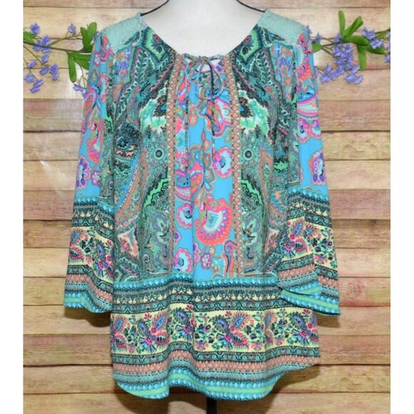 Figueroa & Flower Womens 2X Green Floral Lace Up Lace Back Blouse Tunic Top - Picture 1 of 14